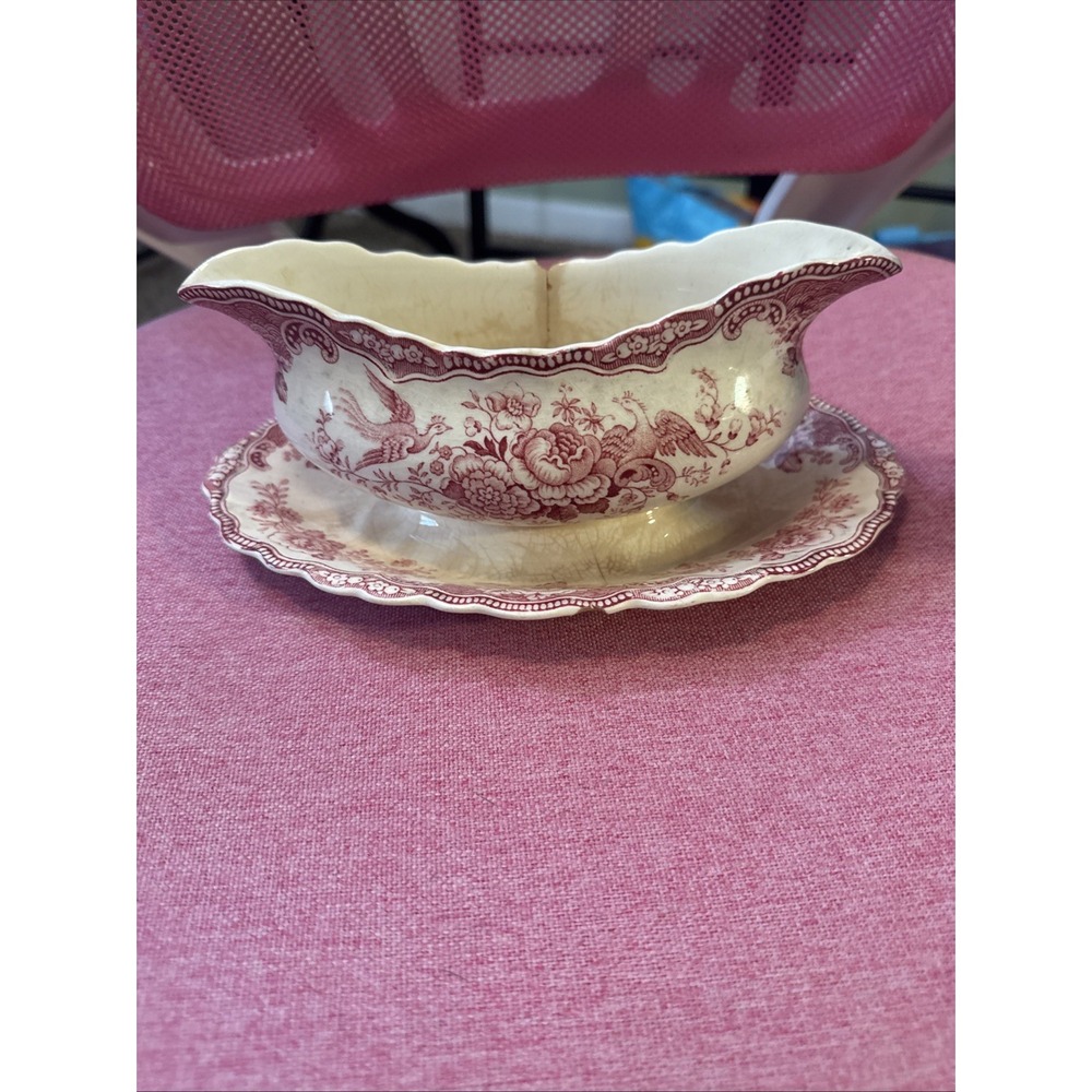 Vintage Crown Ducal Bristol Pink Gravy Boat England Boat Attached to Base Read